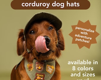 Corduroy Dog Hat Personalized with Adventure Patches, Comfortable and Adjustable Cap for Small to X-Large Breeds