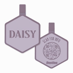 QR Code Heather Purple Silicone Dog ID Tag | Digital Pet Tag | Quiet Dog Tag | Durable Pet ID | Pet Name Tag | Dog Collar Tag | Engraved