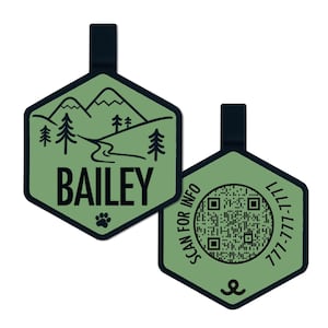 QR-code Mountain siliconen identificatieplaatje voor honden | Digitale huisdierpenning | Rustig hondenpenning | Duurzaam huisdier-ID | Naamplaatje huisdier | Halsbandlabel | Gegraveerd huisdierlabel