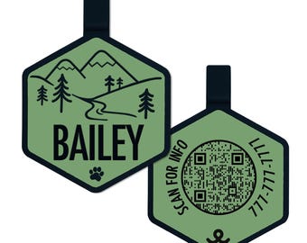QR Code Mountain Silicone Dog ID Tag | Digital Pet Tag | Quiet Dog Tag | Durable Pet ID | Pet Name Tag | Dog Collar Tag | Engraved Pet Tag