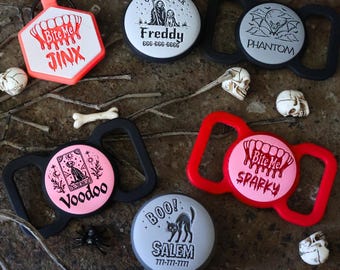 Spooky Halloween Silent Slide-On Pet ID Tag | AirTag Holder, Personalized Dog Name Identification | Dog Collar | Customized | Jingle-Free