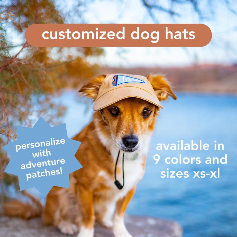Puede incluir: Un sombrero beige para perros con un dise&ntilde;o azul y blanco es usado por un perro marr&oacute;n y blanco. La imagen incluye el texto "customized dog hats", "personalize with adventure patches!" y "available in 9 colors and sizes xs-xl".