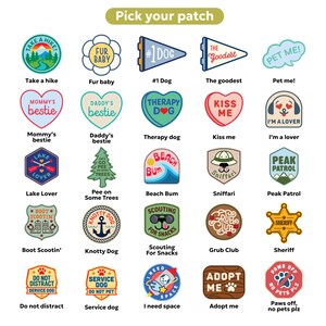 Puede incluir: Una colecci&oacute;n de parches bordados coloridos con varios dise&ntilde;os y texto. Los parches incluyen frases como "Take a Hike", "Fur Baby", "#1 Dog" y "Pet Me!" Otros parches presentan corazones, insignias y temas relacionados con perros. El texto "Pick your patch" est&aacute; en la parte superior.