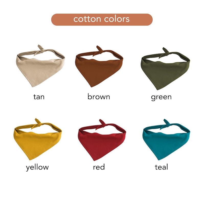 May include: A collection of six cotton bandanas in various colors, including tan, brown, green, yellow, red, and teal. The bandanas are arranged in two rows of three, with each color labeled below. The text "cotton colors" is at the top.
