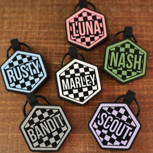 Mini Checkered Dog Tag | Silent Silicone Pet ID Tag | Black and White Pattern | Custom Engraved Dog Collar Tag | Pet Name Tag