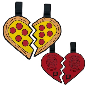 May include: Two halves of a heart-shaped pizza luggage tag. The pizza is yellow with red pepperoni. The back of each tag is red with a black QR code and the text "SCAN FOR INFO" and a phone number.