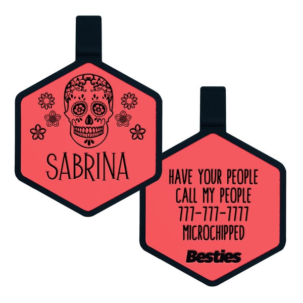 Día De Los Muertos Sugar Skull Halloween Silicone Dog ID Name Tag - Jingle-Free, Silent, Durable  - Dog tags for collars - Rubber Pet ID Tag