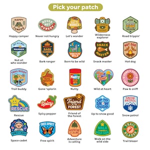 May include: A collection of colorful, embroidered patches with various designs and text. Themes include camping, nature, and adventure. Text includes "Happy camper", "Born to be wild", and "Trail blazer".