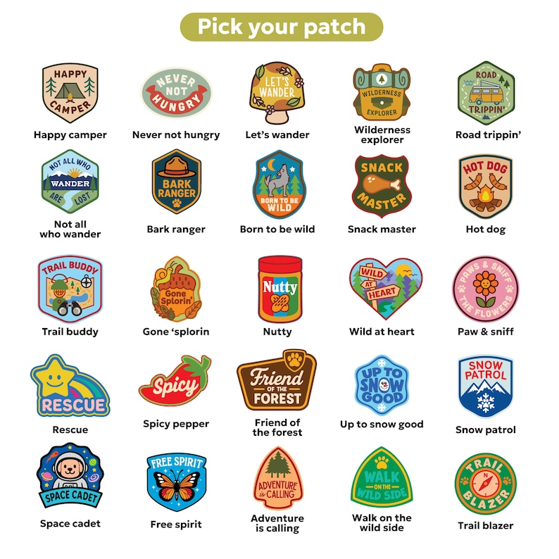 May include: A collection of colorful, embroidered patches with various designs and text. Themes include camping, nature, and adventure. Text includes "Happy camper", "Born to be wild", and "Trail blazer".