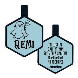 The Friendly Ghost Spooky Halloween Silicone Dog ID Name Tag - Jingle-Free, Silent, Durable  - Dog tags for collars - Rubber Pet ID Tag