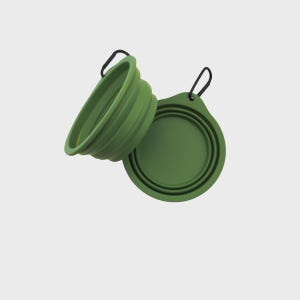 May include: Two olive green collapsible bowls made of flexible material. Each bowl features a circular rim, a pleated side wall for folding, and a black metal carabiner attached to a small tab at the top for easy carrying and storage.