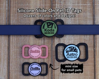 Slim Slide On Pet ID Tag, Custom Silicone Dog Tag, Silent Cat Tag, Personalized Design, Custom Identification, Mini Available, Personalized