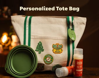 Custom Striped Handle Cotton Tote | Personalize with adventure patches for dog parents | Iron-on patches for pets| Gift for Pet Lovers