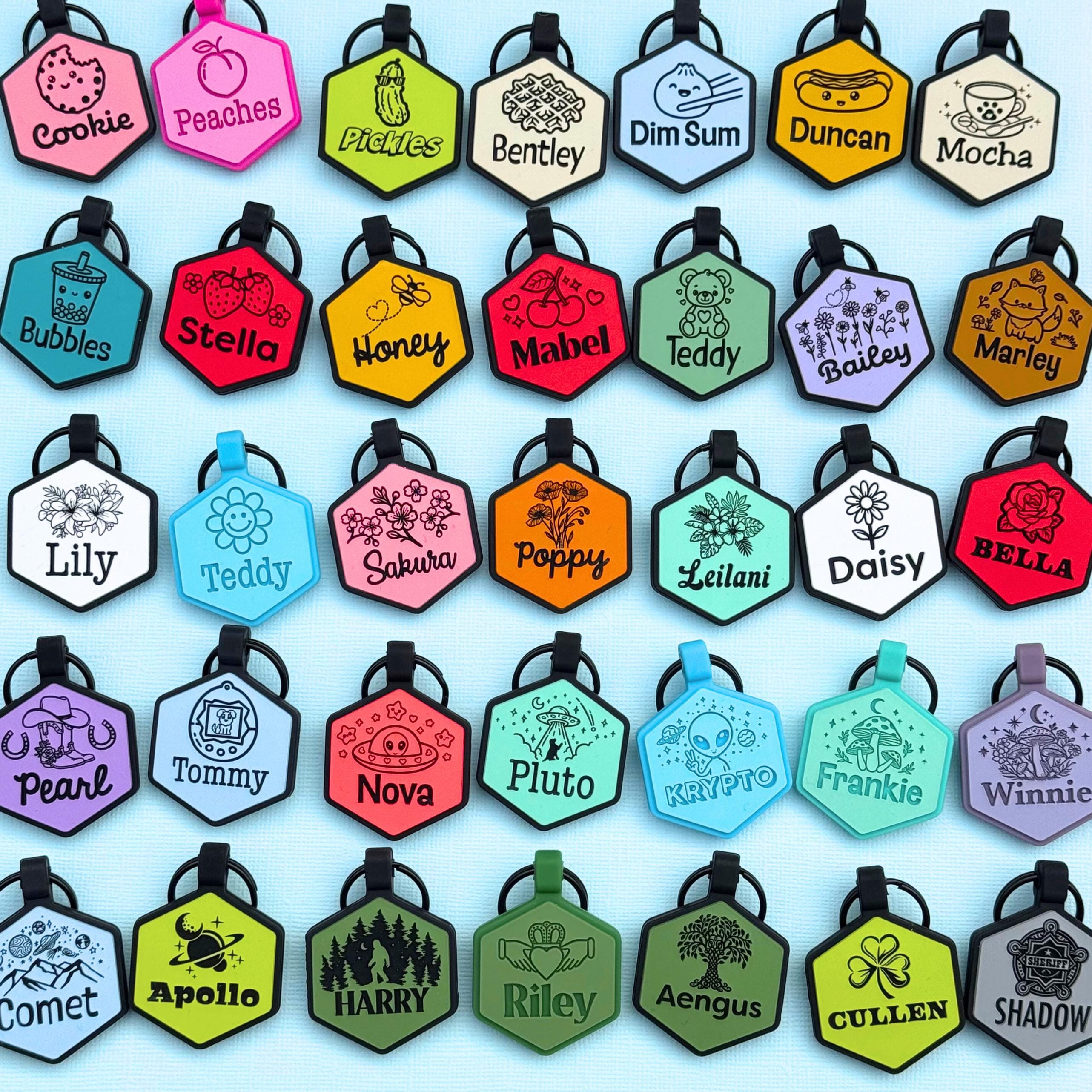Unique Cute Designs Silicone Dog ID Tag, Food, Flowers, Aliens, Funny Artwork, Durable Personalized Name Tag For Dog, Silent Dog Collar Tag