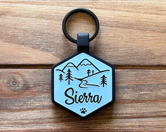 Mountain Adventure Silicone Dog Tag | Hexagon Pet ID | Quiet Dog Tag | Durable Pet ID | Pet Name Tag | Dog Collar Tag | Engraved Pet Tag