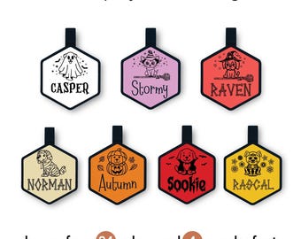 May include: A collection of Halloween-themed hexagonal tags with black straps. Each tag features a spooky character design and name, including a ghost, cat, dog, and mummy. The text "costume party halloween designs" and "choose from 24 colors and 4 spooky fonts" are also visible.
