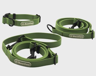 Waterproof Dog Collar Leash & Hands Free Adapter Set, Stink Proof Adjustable Adventure Walking System, Custom Matching 3 Piece Bundle