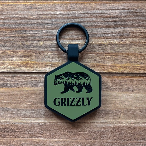 Bear Mountain Silicone Dog ID Tag | Hexagon Pet ID | Quiet Dog Tag | Durable Pet ID | Pet Tag | Dog Collar Tag | Custom Engraved Pet Tag