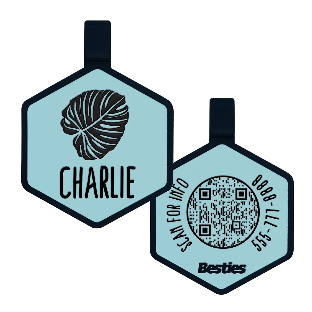 QR Code Monsterra Leaf Silicone Dog ID Tag Digital Pet ID Quiet Dog Tag