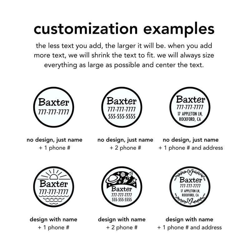 May include: A graphic showing customization examples for circular stamps. The text reads: customization examples, the less text you add, the larger it will be. Six circular stamp designs are displayed, featuring the name Baxter, phone numbers, addresses, and icons including a sun, waves, space elements, and hearts.