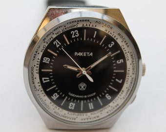 Soviet Raketa Cities 24H - Mineral Glass - Mechanical Watch - Vintage Unique USSR Watch - Military