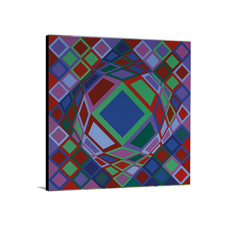 May include: Geometric abstract art print featuring a central sphere composed of colorful diamond shapes. The artwork uses a palette of red, green, blue, purple, and white, creating a vibrant and dynamic visual effect. The print is mounted on a square canvas.