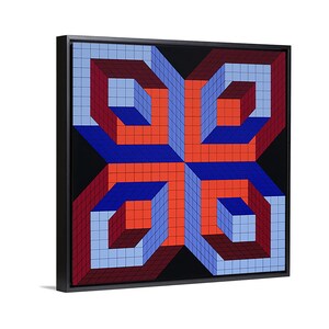 May include: Geometric abstract art print in a black frame. The artwork features a symmetrical design with 3D cube-like shapes in shades of red, orange, blue, and light blue against a black background. The framed art is displayed on a white background.