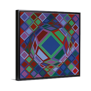 May include: Geometric abstract art print featuring a vibrant pattern of diamonds and squares in shades of red, green, blue, and purple. The artwork is framed in a black border, creating a visually striking piece.
