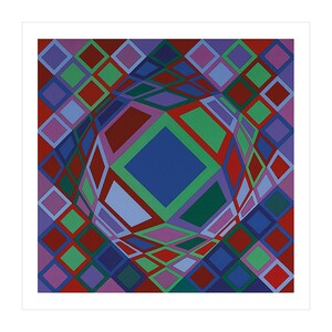 May include: Geometric abstract art print featuring a central, three-dimensional sphere composed of multi-colored diamond shapes. The sphere is surrounded by a grid of diamonds in shades of red, green, blue, and purple, creating a vibrant, optical illusion.