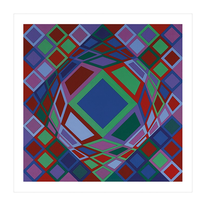 May include: Geometric abstract art print featuring a central, three-dimensional sphere composed of multi-colored diamond shapes. The sphere is surrounded by a grid of diamonds in shades of red, green, blue, and purple, creating a vibrant, optical illusion.