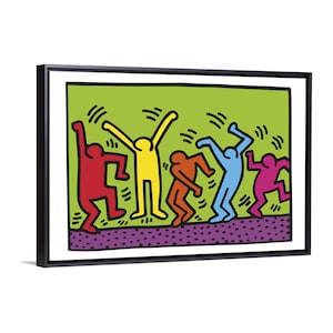 May include: A framed art print featuring a vibrant illustration of stylized figures in motion. The figures are outlined in black and filled with bright colors: red, yellow, orange, blue, and pink. The background is a light green, and the figures stand on a purple base.