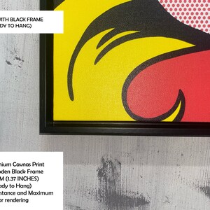 May include: Pop art style canvas print with a black frame. The artwork features bold colors, including yellow, red, and black, with a comic book aesthetic. The canvas is ready to hang and measures 3.5 cm (1.37 inches) thick.