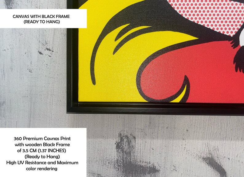 May include: Pop art style canvas print with a black frame. The artwork features bold colors, including yellow, red, and black, with a comic book aesthetic. The canvas is ready to hang and measures 3.5 cm (1.37 inches) thick.