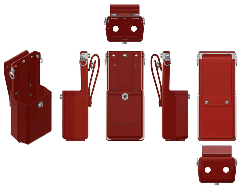 May include: A red leather holster with a metal clip and a strap. The holster is designed to hold a radio or other device. The holster is shown in six different views.