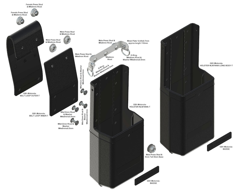 May include: A black leather holster with a belt loop and a metal plate with a D-ring. The holster is labeled "G-Motorola HOLSTER NLN444A-T".