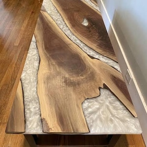 Luxus Live Edge Holz und Weiß Harz Esstisch Holztisch, Benutzerdefinierte Weiß Walnuss Epoxy Tisch, Esstisch Sofa Mitteltisch Möbel
