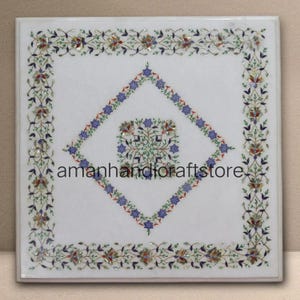 Square Marble Coffee Table Top, Semi-precious Stones Inlay Dining Table Center Table Pietradura Floral Art Living Room Decor Furniture