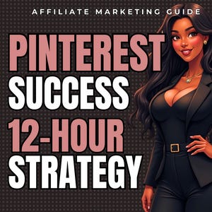 May include: A digital illustration of a woman with long black hair wearing a black blazer and pants. The text "Pinterest Success 12-Hour Strategy" is in large white letters with pink accents. The text "Affiliate Marketing Guide" is in smaller white letters. The text "Instant Download" is in white letters on a red background.