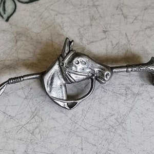 Vintage Pewter Horse Head Riding Crop Brooch | 2 inch Equestrian Pin | Show Jumping Dressage Jewelry