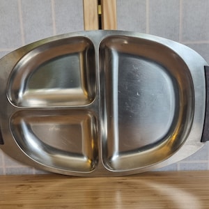Mid Century Danish Modern Stainless Steel Serving Tray | Teak Handles | 3 Section Platter | 17" x 11.5""