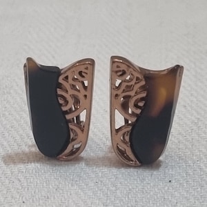 Pendientes modernos de carey / Pendientes de clip abstractos de cobre vintage / Pendientes de clip llamativos de color marrón y negro retro / Pendientes de estilo de mediados de siglo