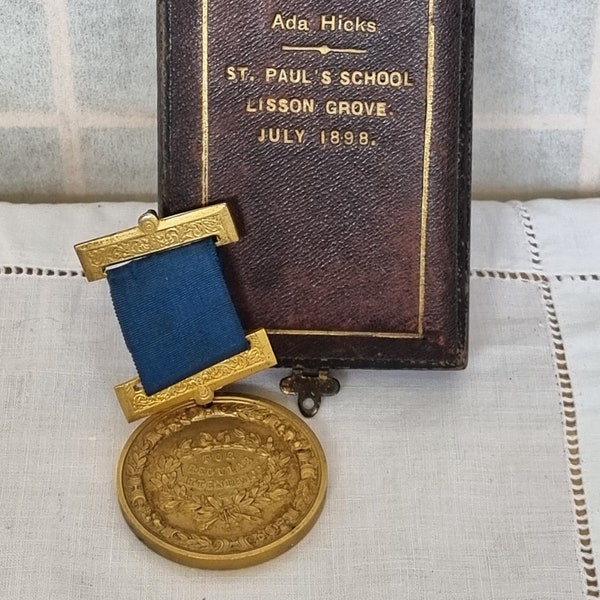 Antique Medal Ribbon Pin Boxed Victorian School St Paul's Ada Hicks 1898