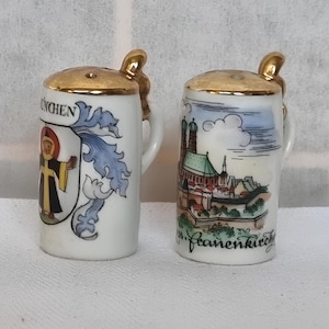 Vintage Munich German Stein Salt Pepper Shakers | Hand Painted Ceramic Frauenkirche Cathedral Collectible Bavarian Souvenir Set