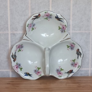 Antique Triple Section Dish | Birds Roses Porcelain Divided Serving Plate | Gold Trim White China Relish Tray | 1920s Handled Server