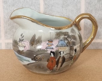 Japanese Ceramics Home Décor, Porcelain Jug, Geisha and Mountain Village Hand Painted Scene, Gold Edged, 1950s Vintage Pottery