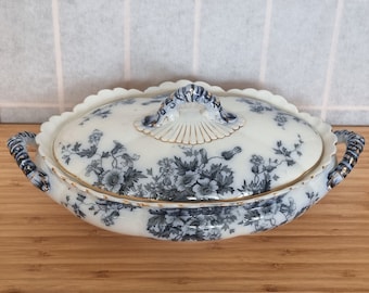 Authentic English Antique Flow Blue Flora Pattern Serving Dish with Lid by MAYERS, Vintage Dinnerware, Elegant Tableware