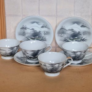 Japanese Kutani Ware Tea Cup Set | Vintage Porcelain | Hand Painted China Cups Saucers | Oriental Design 8 Piece 4 Pair