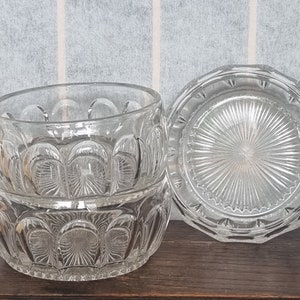 Pressed Glass Dessert Bowls Old Fashioned Style | Vintage Ice Cream Fruit Serving Dishes | Sunburst Pattern | Wide Glass Bowl Set of 3