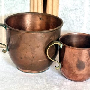 Antique Copper Mugs, Rustic Kitchen Display, French Country Decor