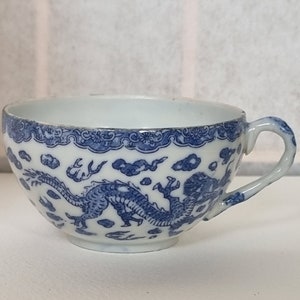 Chinese Dragon Teacup | Antique Blue White Porcelain | Hand Painted Ming Style Dragon Tea Cup | Oriental Collectible China Decor
